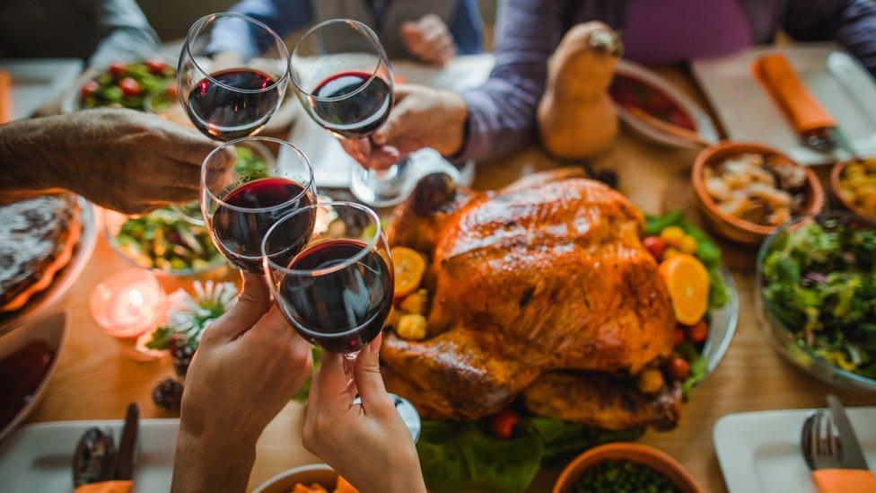 Group of people toasting with wine during Christmas