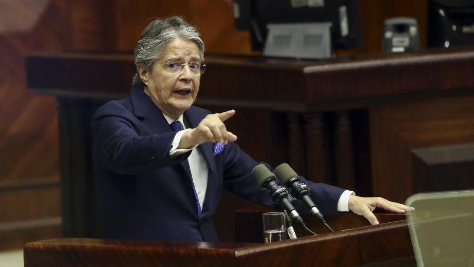 Ecuadorian President Guillermo Lasso speaks during his impeachment trial for alleged embezzlement raised by the opposition, at the headquarters of the National Assembly, in Quito, Ecuador, 16 May 2023.