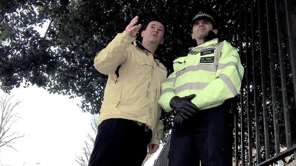 World Hacks reporter Dougal Shaw with Inspector Philip Spaul