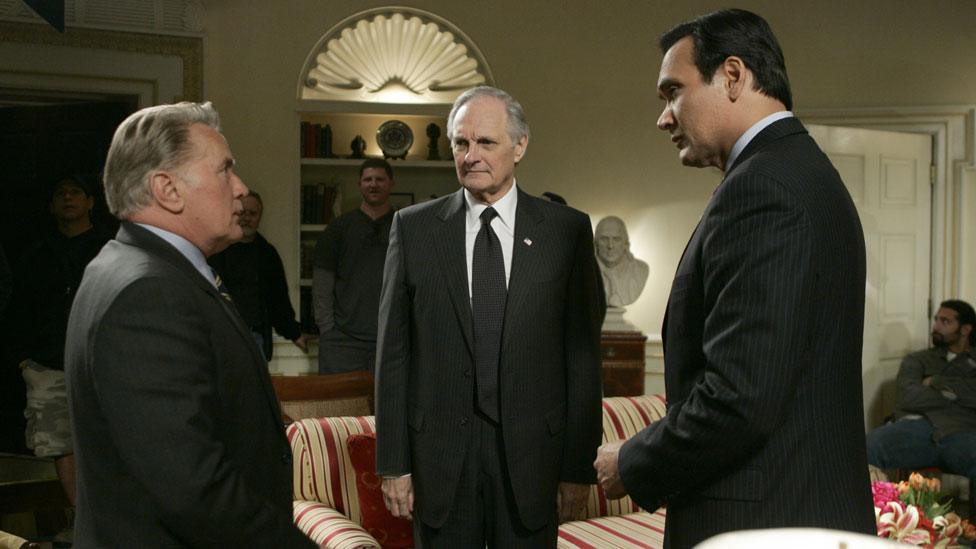 Alan Alda with Martin Sheen and Jimmy Smits on the West Wing set