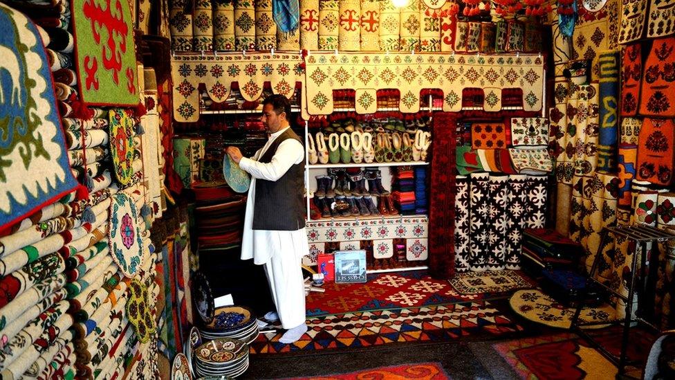 The market in famous Afghan rugs and carpets is also in crisis. This shop used to sell handmade rugs and felt carpets at premium prices, but foreign custom has dwindled