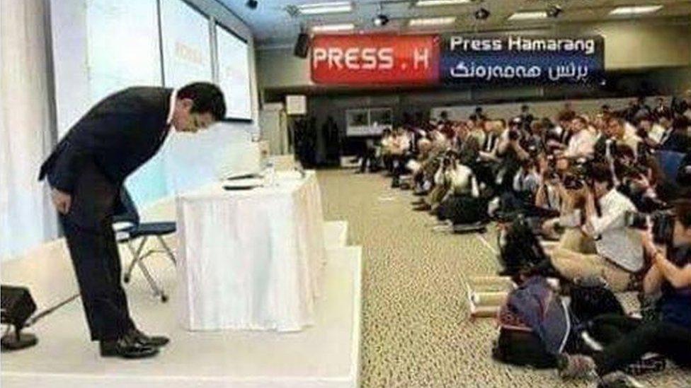 Photo from Twitter that was new Honda chief executive and not the Japanese minister bowing for 20 minutes to apologise for a powercut