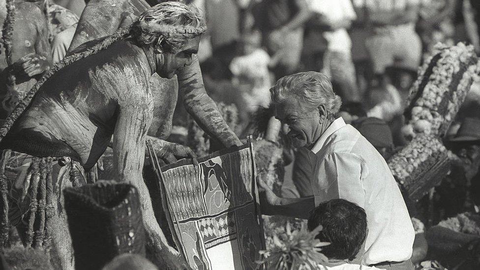 Bob Hawke receives the Barunga Statement, a landmark document, from an Aboriginal elder in 1988