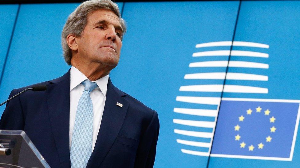 US Secretary of State John Kerry during a press conference after an informal breakfast ahead of a EU Foreign Affairs Council meeting in Brussels, Belgium