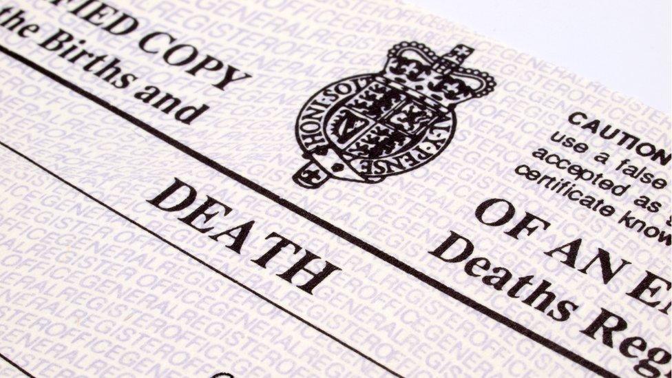 A death certificate on registration of death