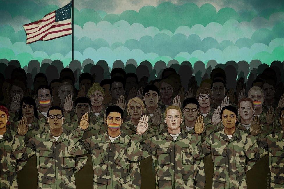 Illustration showing military personnel taking the oath, some have rainbow gags on their mouths