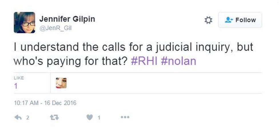 Tweet from Jennifer Gilpin: I understand the calls for a judicial inquiry, but who's paying for that? #RHI #nolan