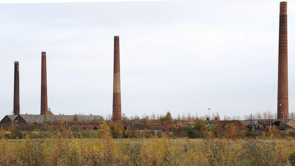 Four chimneys at the former Stewartby and Kempston Hardwick brickworks, near Bedford