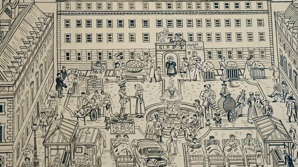 Illustration showing people from various historical periods moving around outside St Barts.