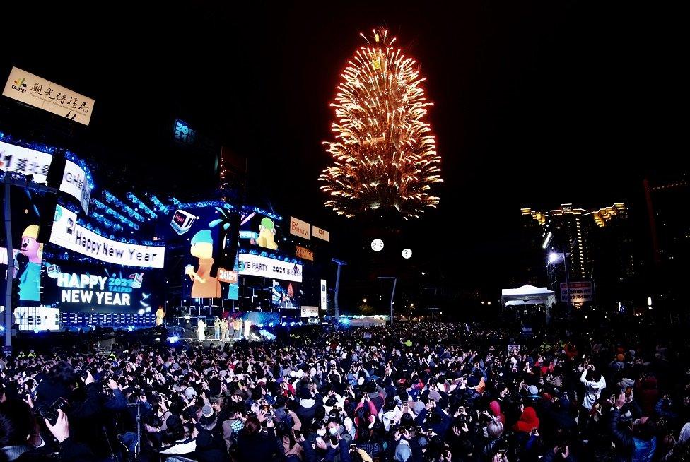 Fireworks are launched from the Taipei 101 commercial building to celebrate the New Year in Taipei on 1 January 1 2021.