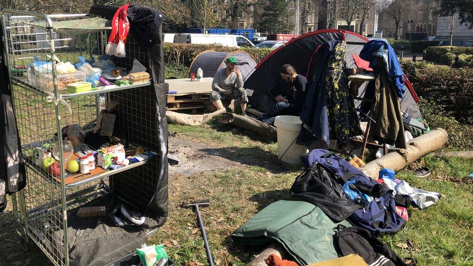 Homeless people in tents in Cardiff