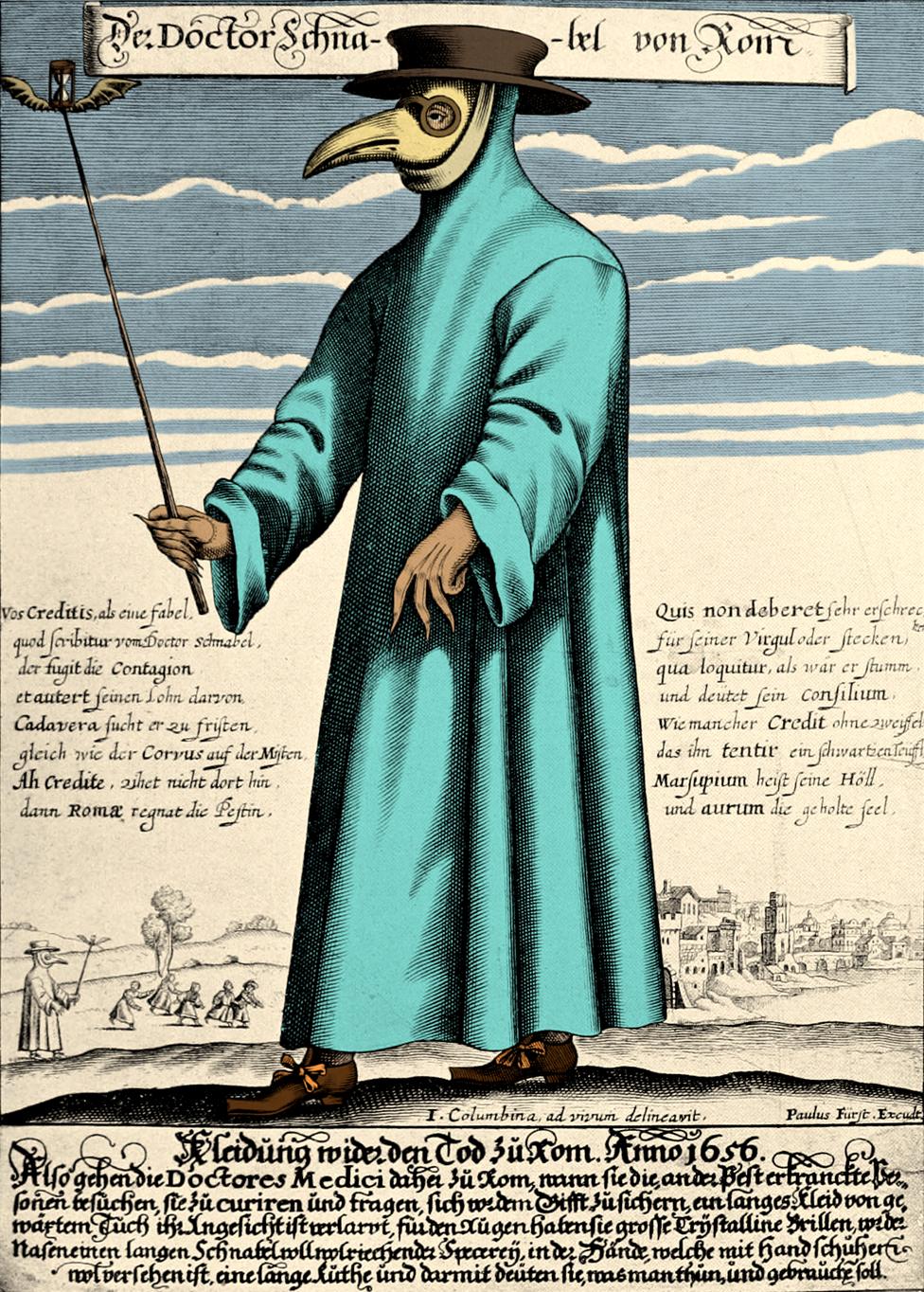 Paulus Furst's 1656 engraving of Dr. Schnabel ("Beak") of Rome wearing protective clothing typical of the plague doctors of Rome at the time.