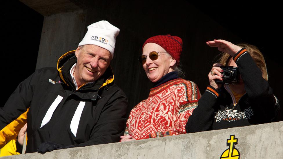 King Harald V of Norway, Queen Margrethe II of Denmark and Queen Sonja of Norway at the World Nordic Ski Championships in 2011