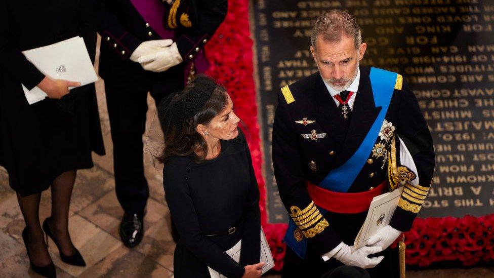 King Felipe VI and Queen Letizia of Spain leave Westminster Abbey after the service