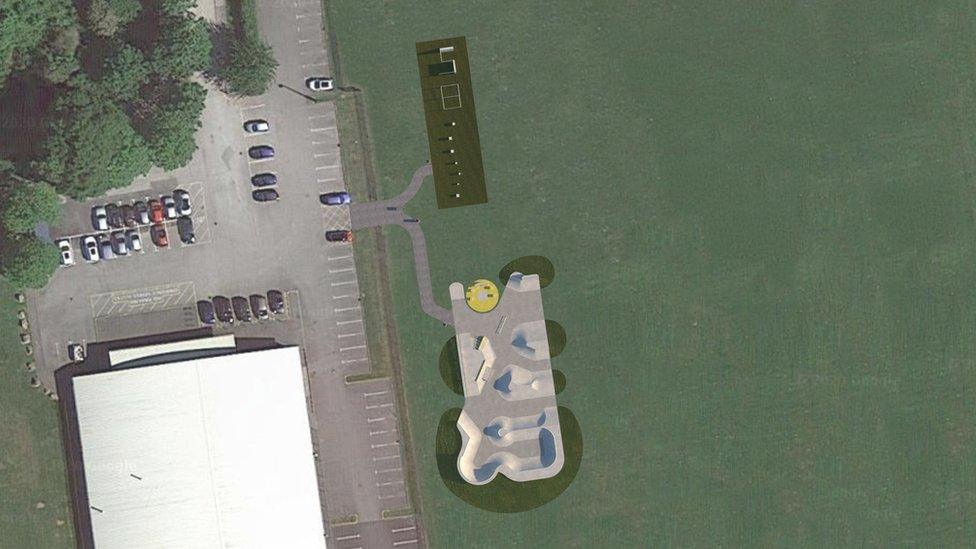 Aerial design image of skate and parkour area next to a car park