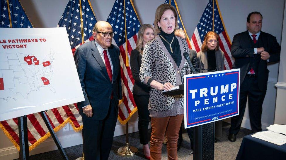 Attorney Sidney Powell speaks during a news conference with Rudy Giuliani, lawyer for U.S. President Donald Trump in November