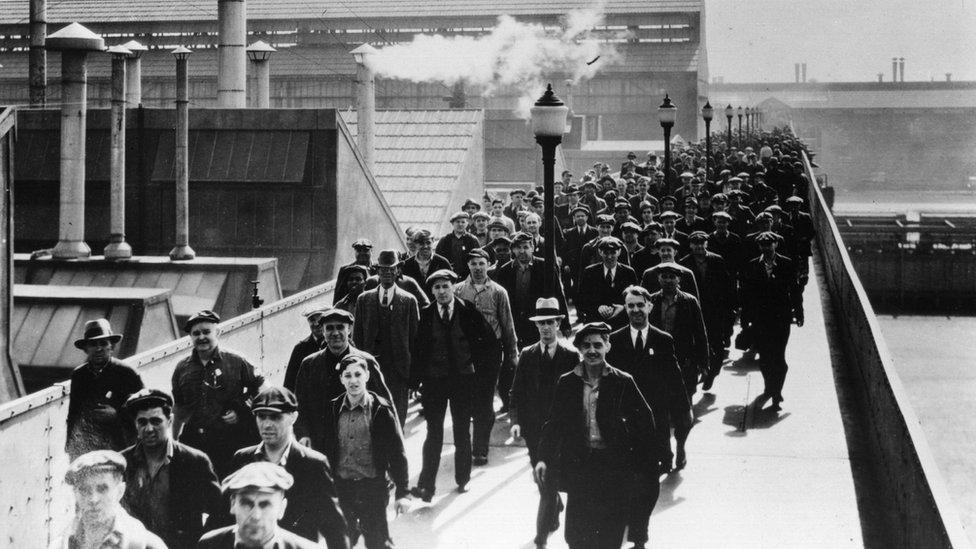 Ford factory workers in Detroit in 1930