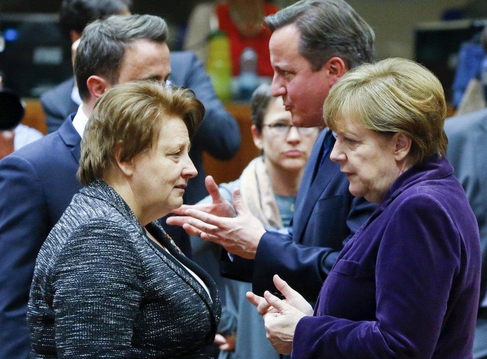 (left to right) Luxembourg Prime Minister Xavier Bettel, Latvian Prime Minister Laimdota Straujuma, British Prime Minister David Cameron and German Chancellor Angela Merkel