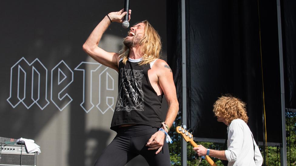 Lead singer and drummer Taylor Hawkins of Chevy Metal performs live on stage during BottleRock Napa Valley at Napa Valley Expo on May 25, 2019 in Napa, California.