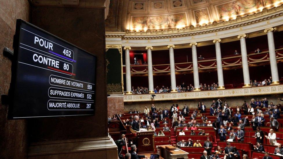 The voting results board of the French governments SNCF reform bill at the National Assembly in Paris, June 13, 2018