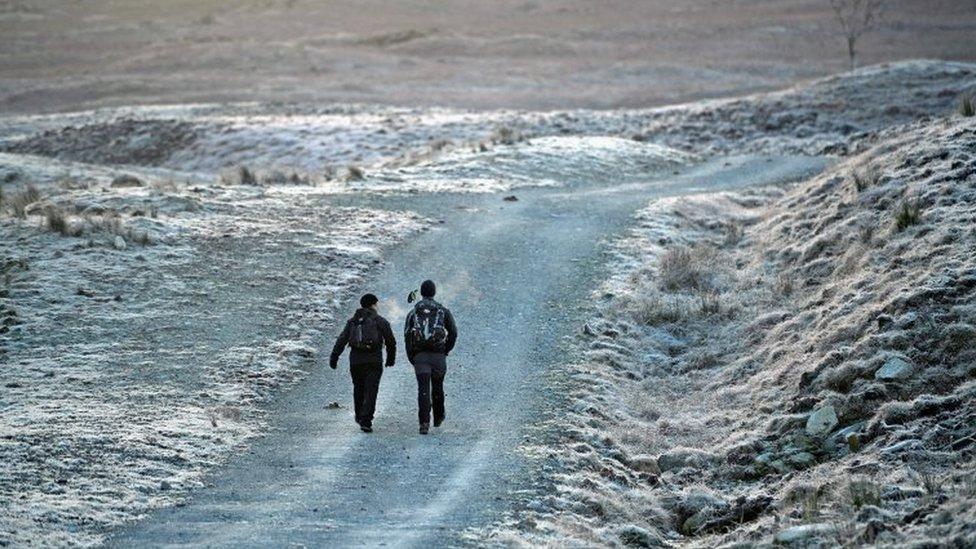 Walkers on a snowy road at Crianlarich