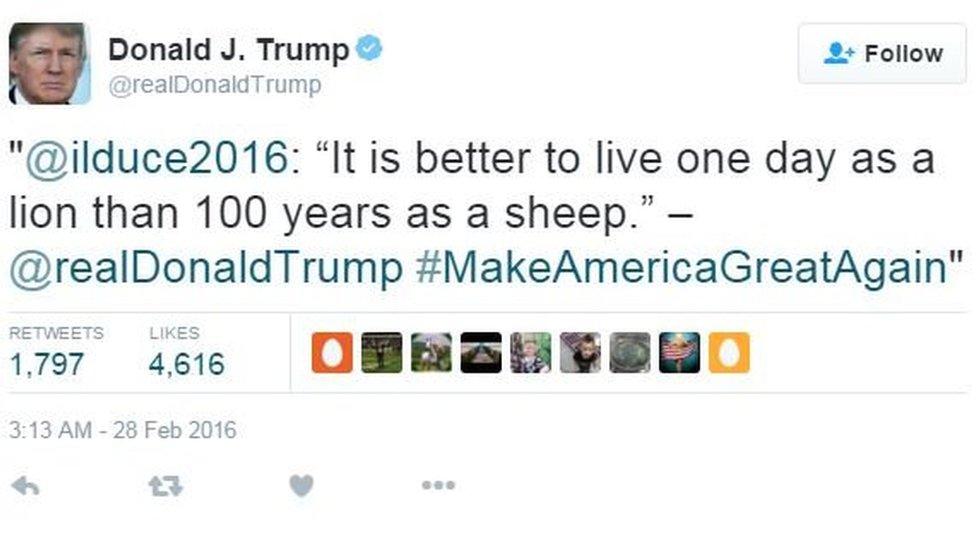 Tweet sent by Donald Trump including a quotation widely attributed to Mussolini: "It is better to live one day as a lion than 100 years as a sheep."