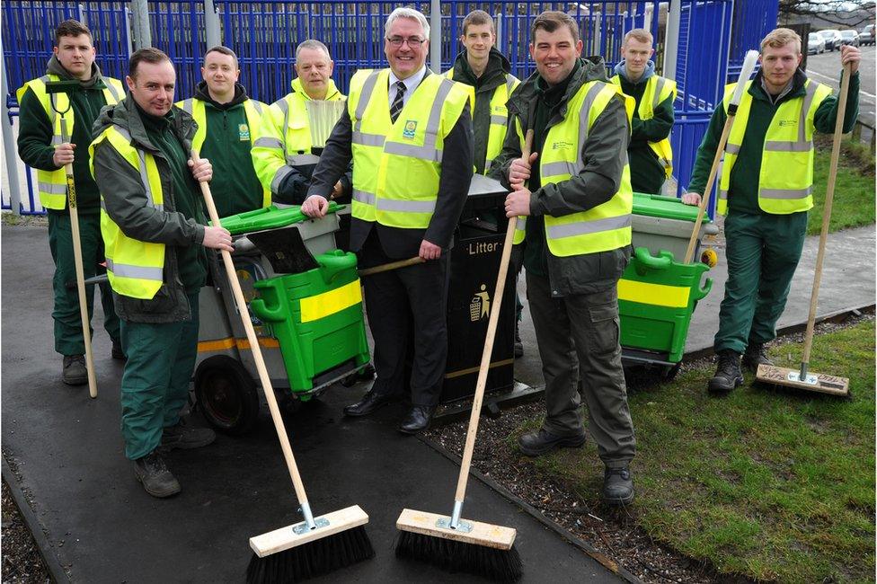 Council leader Frank McAveety with some of the new cleansing staff