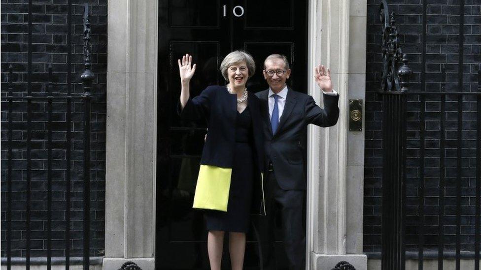 Mrs May and Philip May on the steps of number 10