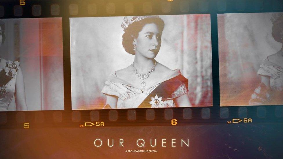 picture of the queen in a film strip with the text "our queen a newsround special" underneath