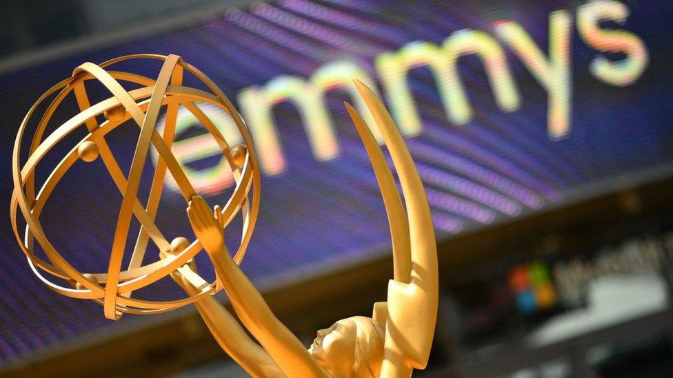 An Emmy statue is seen on the red carpet ahead of the 74th Emmy Awards at the Microsoft Theater in Los Angeles, California, on September 12, 2022.