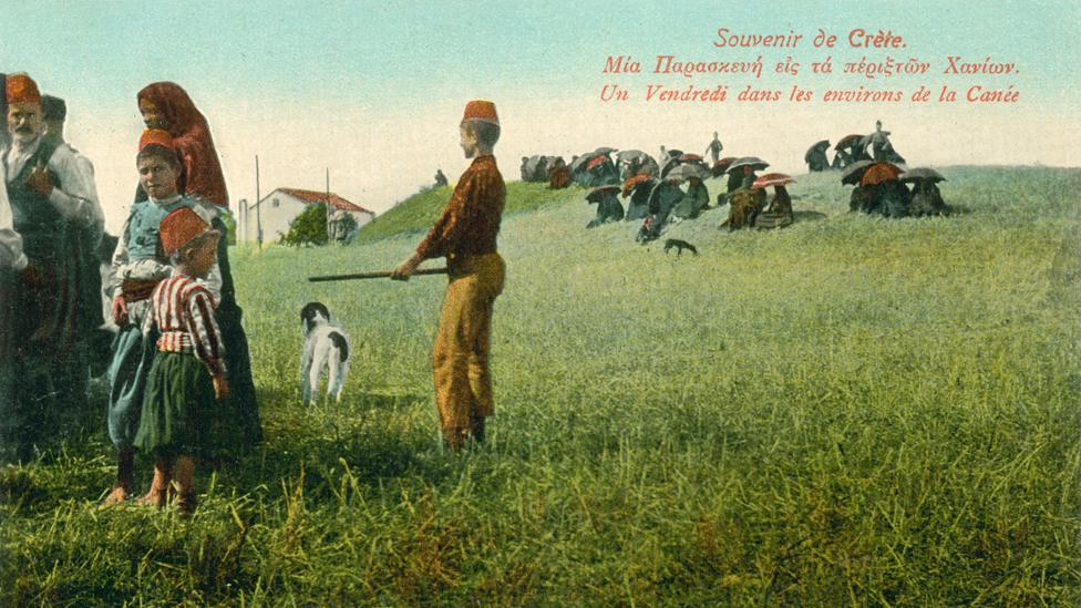 A postcard showing Muslims near Chania on the traditional Friday day of rest