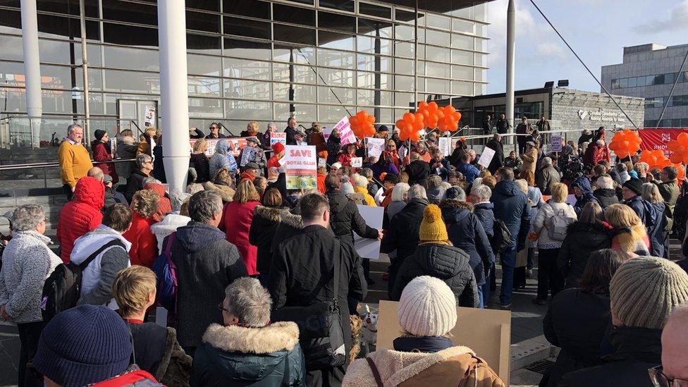 Protesters outside the Senedd