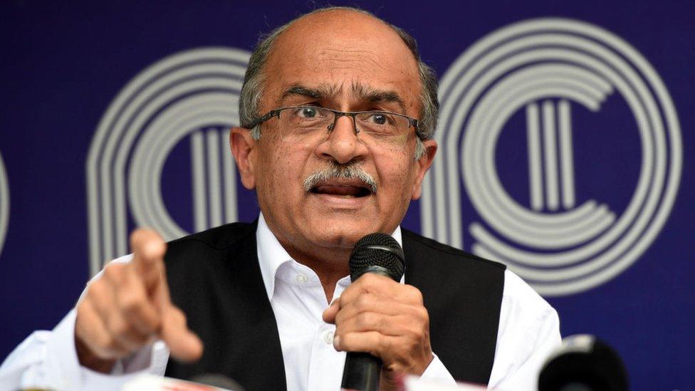 Noted lawyer Prashant Bhushan addresses a press conference i n November 2019.