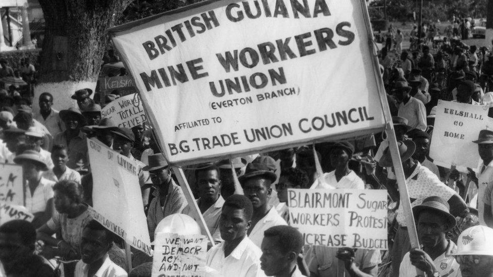 Striking miners in British Guiana