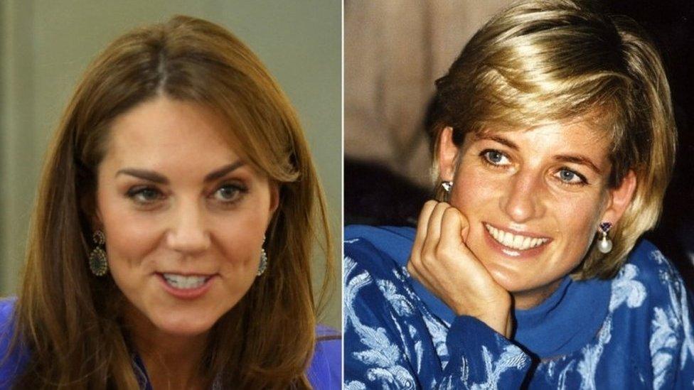 File photo dated 15/10/19 of the Duchess of Cambridge wearing a periwinkle blue traditional kurta by local designer Maheen Khan, during a visit to a school in central Islamabad on day two of the royal visit to Pakistan, and file photo dated 23/05/97 of Diana, Princess of Wales, pictured in a royal blue shalwar kameez, during her visit to Lahore, Pakistan.