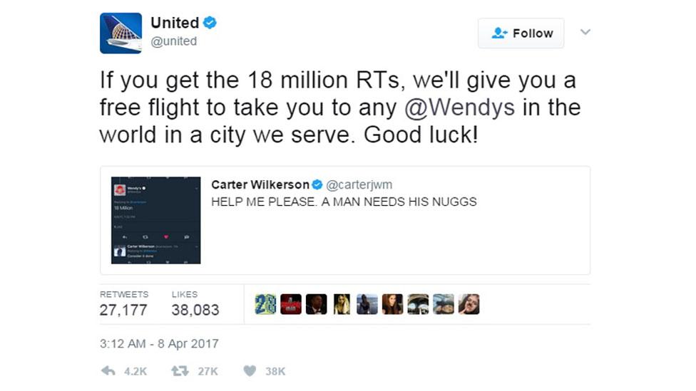 United Airlines's tweet offering Mr Wilkerson a free flight