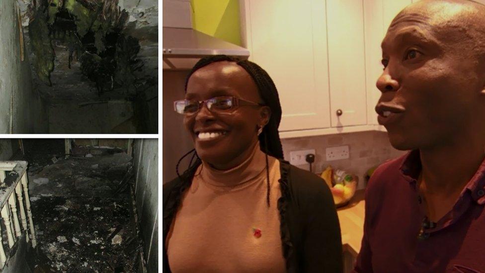 From bottom left to right: damage at Sam and Rachael Kamau's house when they first moved in and the couple in their home after they carried out renovations