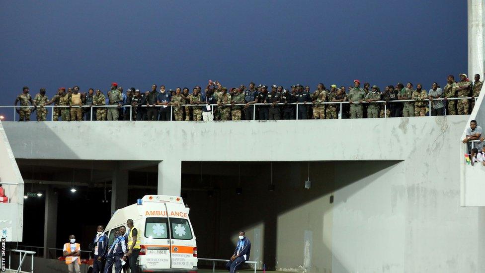 Cameroonian security forces on duty at the Limbe Stadium during the 2020 African Nations Championship (CHAN)