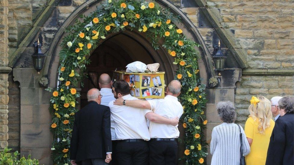 The coffin of Georgina Callander is carried into Tarleton Holy Trinity Church