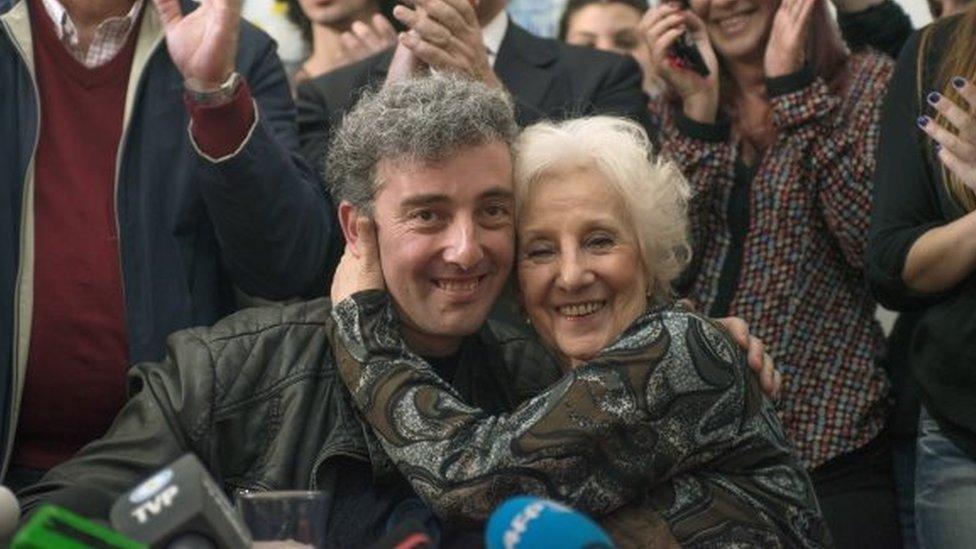 Estela de Carlotto hugs her grandson Guido in Buenos Aires on 8 Augus, 2014.