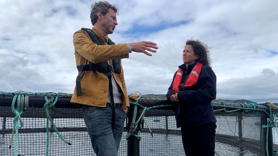 Andrew Cannon, of Kames Fish Farming, with Rural Affairs Secretary Mairi Gougeon