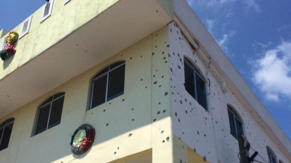 Bullet-ridden San Miguel Totolapan town hall, Mexico. Photo: 5 October 2022