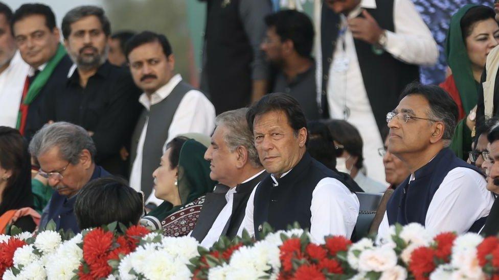 Pakistan's Prime Minister Imran Khan (second from right) held a rally ahead of a no-confidence vote against him in Islamabad, Pakistan on 27 March