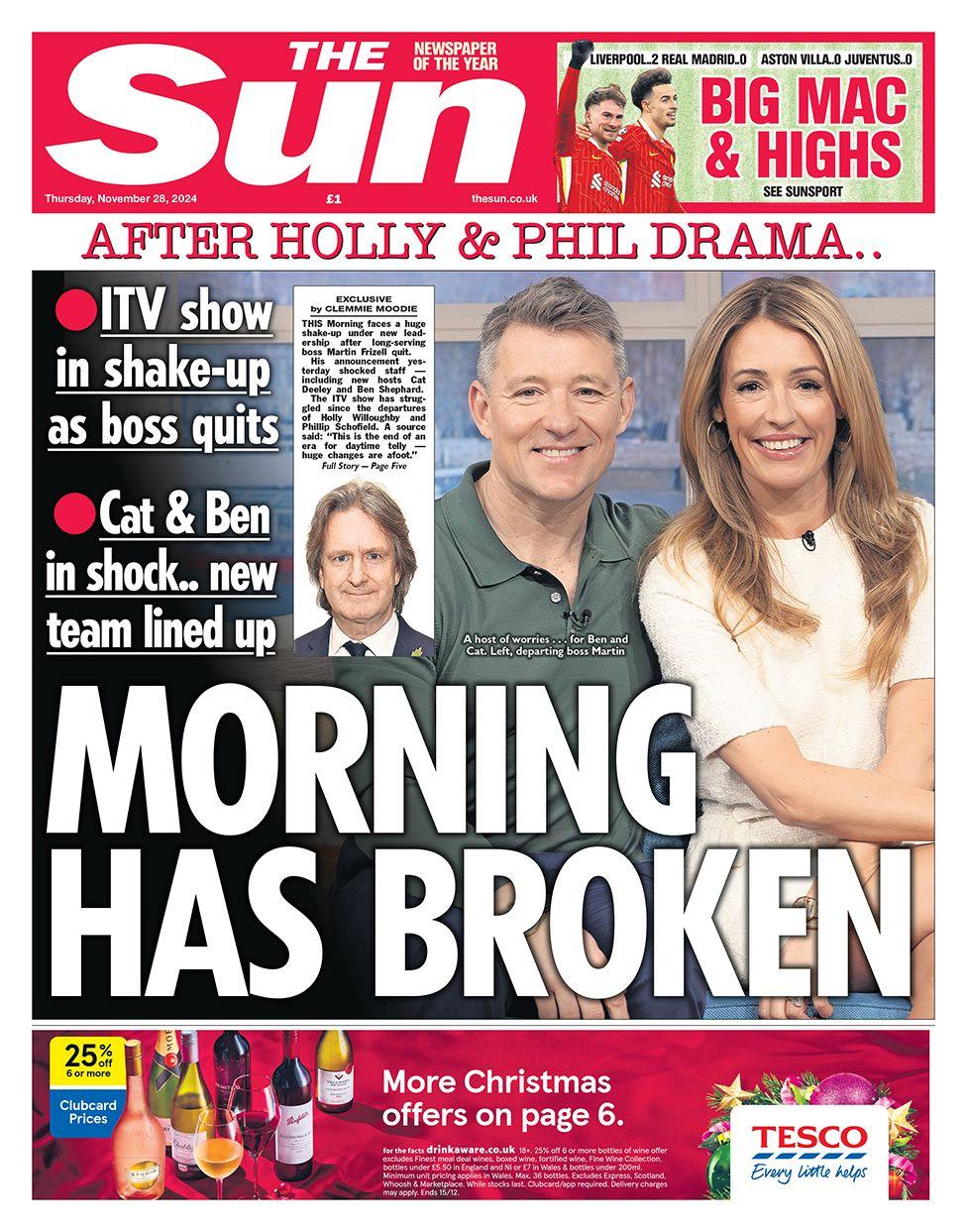 The headline in the Sun reads: "Morning has broken"