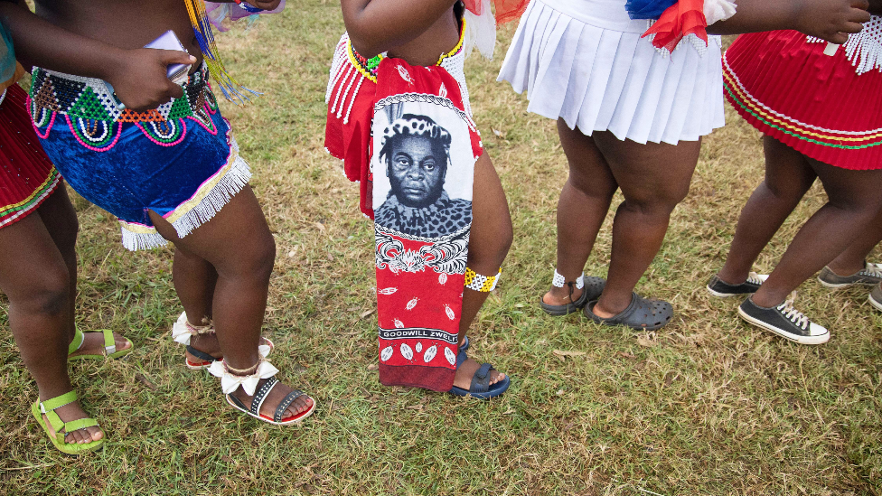 The skirts worn by young Zulu women at a memorial for King Goodwill Zwelithini in Nongoma, South Africa - 18 March 2021