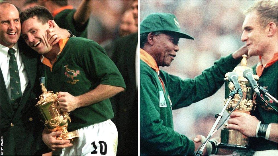 A composite image of Joel Stransky carrying the William Web Ellis trophy and Nelson Mandela presenting it to captain Francois Pienaar after South Africa won the 1995 Rugby World Cup