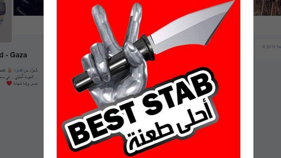 Image from Twitter account featuring a graphic depicting a hand brandishing a knife while displaying a "victory" sign, satirising the logo seen in the TV show The Voice, with text under the logo reading "Best Stab"