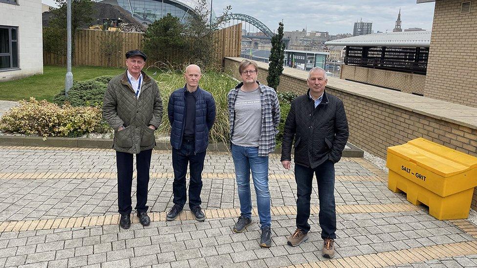 Baltic Quay residents Peter Bauckham, Peter Nilsen, Glenn Smethurst, and Andrew Munnoch, who are opposing the development of a hotel as part of the new Gateshead Quayside arena