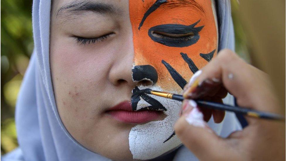 Woman with half her face covered with a tiger paint