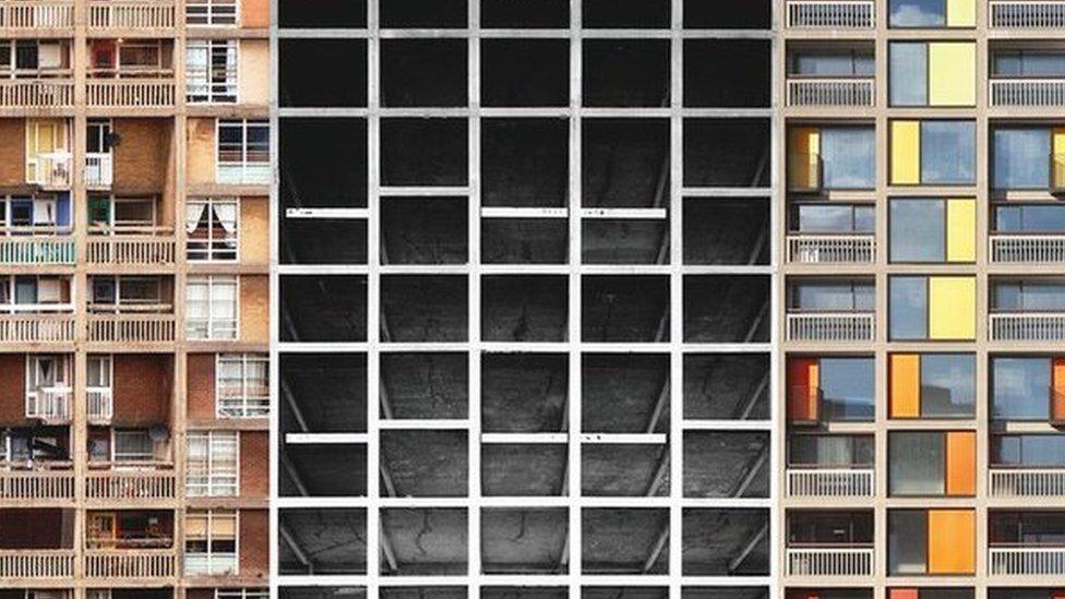 Left: remnants of the old flats, Right: the new flats. Copyright: Richard Hanson / Keith Collie / Daniel Hopkinson